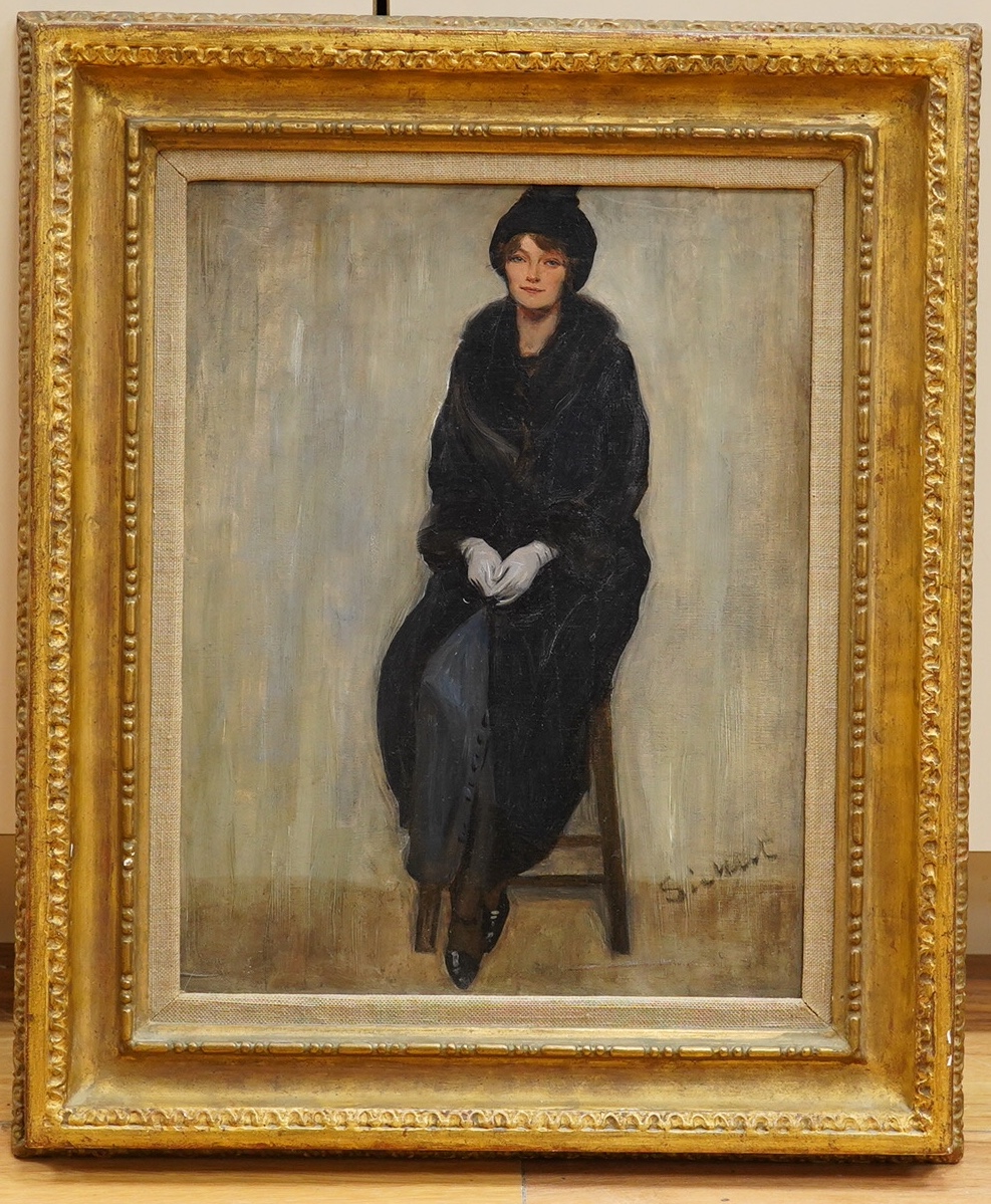 Manner of Walter Sickert (1860-1942), oil on panel, Study of a seated woman, signed, inscribed ‘Mrs Uffington, July 1914, W. Sickert’ verso, gilt framed, 34 x 26cm. Condition - good